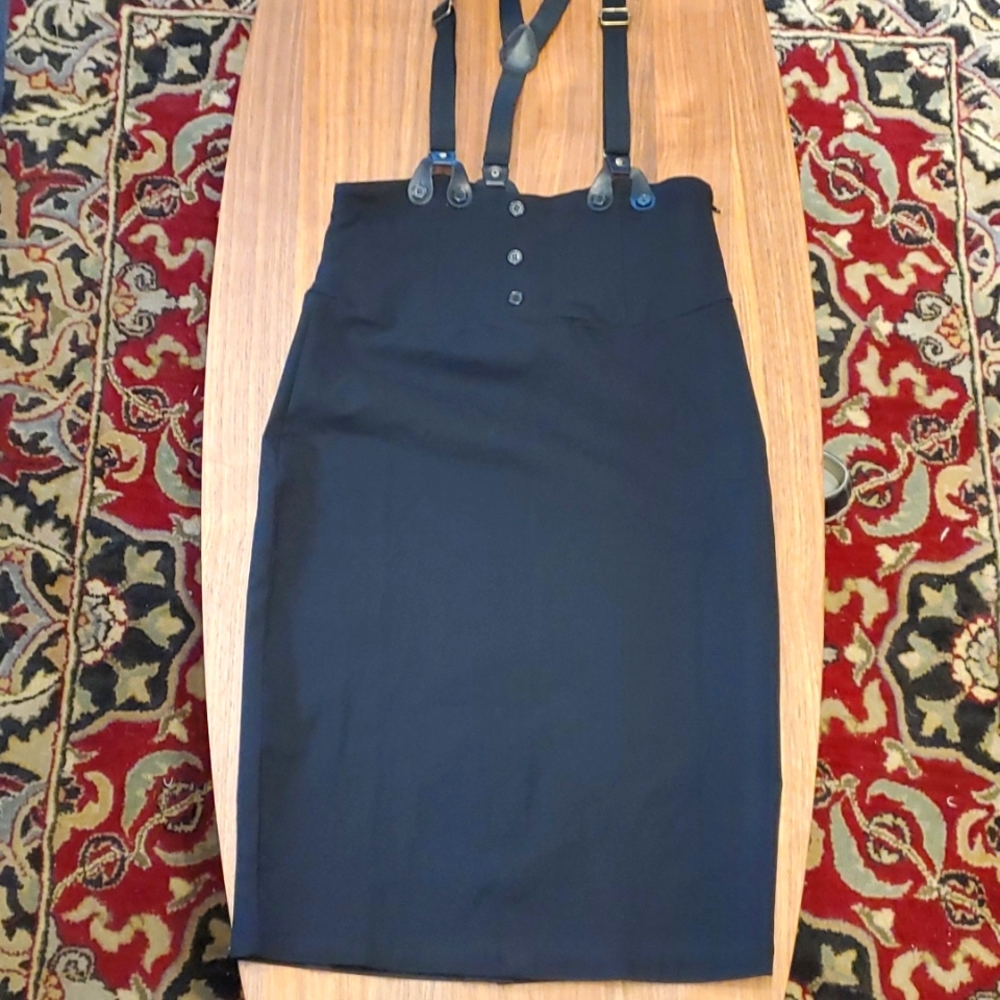 Unique Vintage Beatrice high waist black Pencil Skirt with Suspenders, size 14